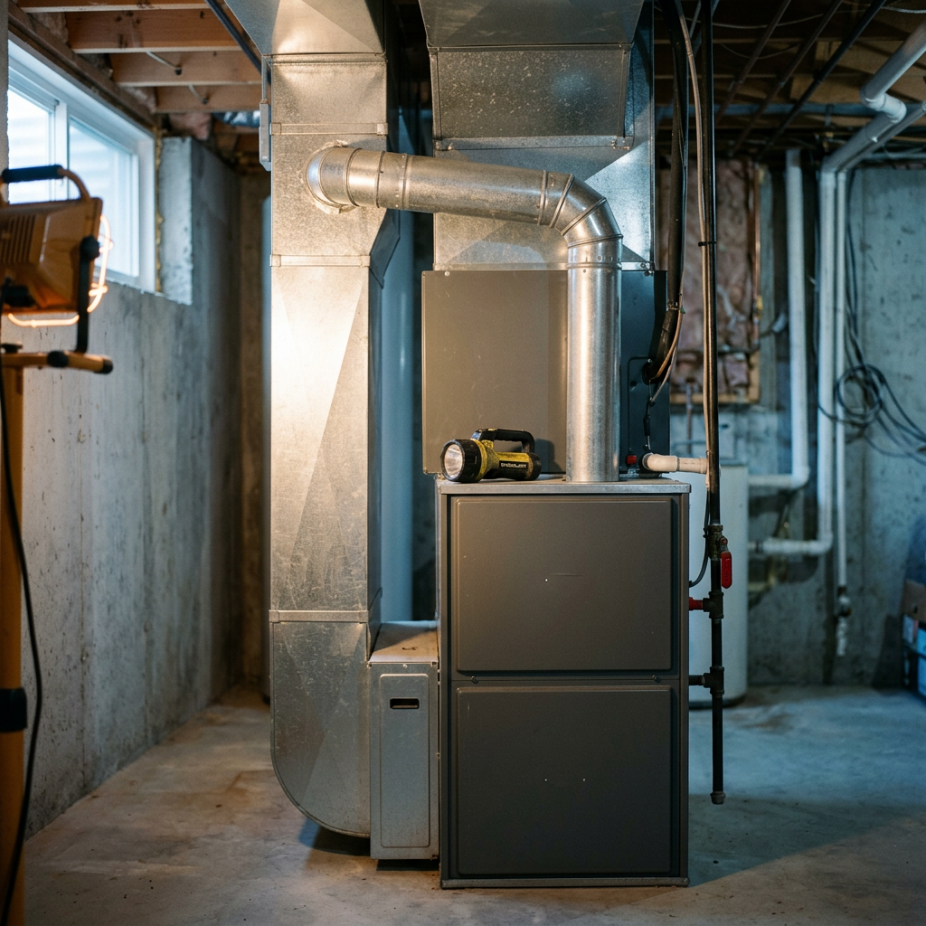A gas furnace and ductwork in a basement utility closet, a flashlight resting on top