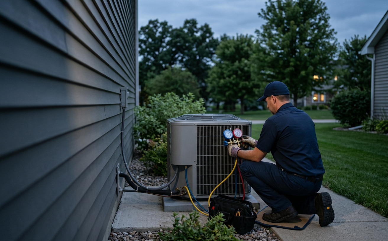 A technician in a navy work shirt crouched beside an outdoor air conditioner, reading a gauge set